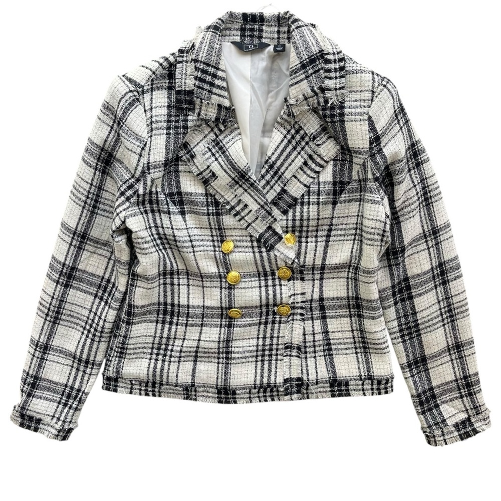 G By Giuliana Womens XS Black Ivory Plaid Tweed Woven Gold Buttons Blazer Jacket